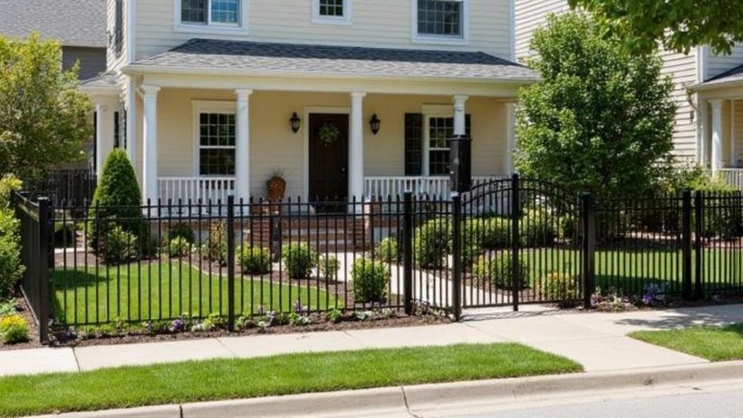 Black ornamental aluminum fence and gate around a landscaped front yard