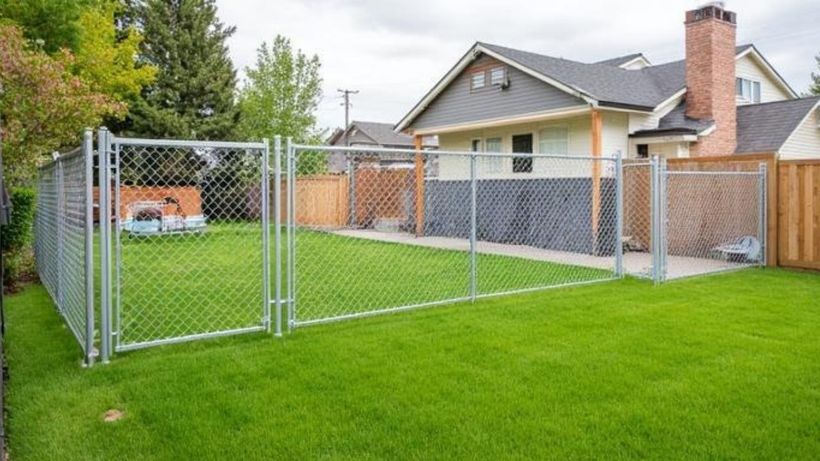 Galvanized chain link fence with a walk gate enclosing a grassy backyard