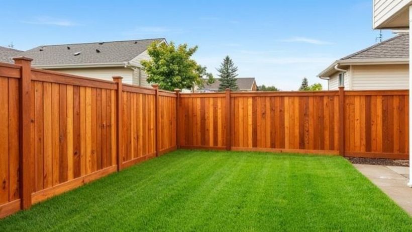 Newly installed tall wood privacy fence with stained vertical boards around a backyard lawn