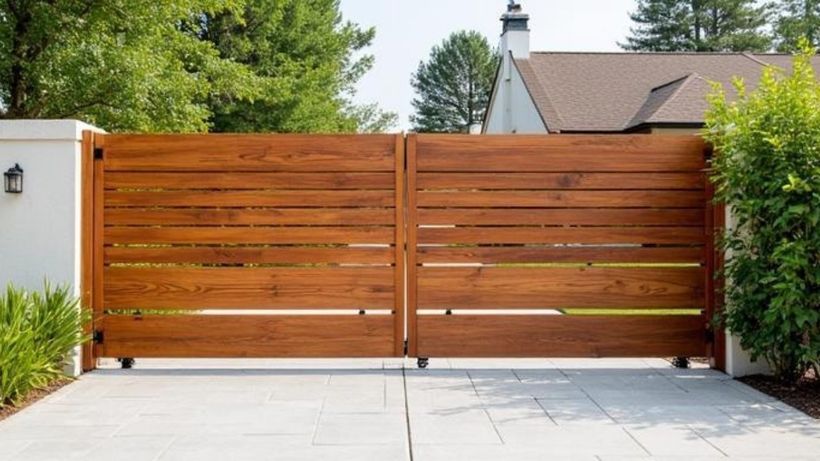 Horizontal-slat wooden driveway gate hung between white masonry pillars