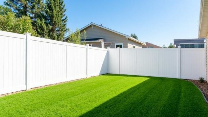 White vinyl privacy fence enclosing a suburban backyard on a sunny day