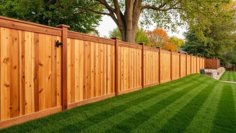 Cedar board privacy fence with square posts running along a striped backyard lawn